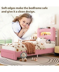 gaomon Led Bed Frame with 2-Tier Storage Headboard, Upholstered Platform Bed with Charging Station and Drawer, Metal Support