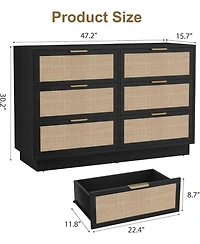 gaomon 6 Drawer Rattan Dresser for Bedroom, Integrated Cabinet Body & Legs Design, Wooden Chest of Drawers for Hallways, Entryways and Closet