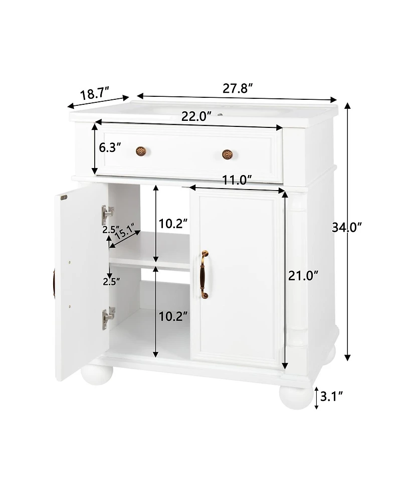 Sillysis 28" Bathroom Vanity with Sink, Medieval Modern Solid Wood Roman Base, Flip Drawer, Adjustable Storage, Easy Clean