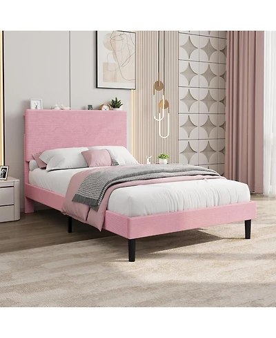 gaomon Bed Frame with Charging Station, Corduroy Upholstered Platform Headboard and Storage Shelf, Solid Wood Slats