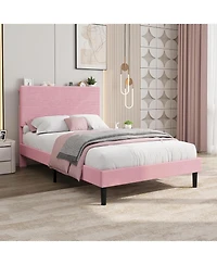 gaomon Bed Frame with Charging Station, Corduroy Upholstered Platform Headboard and Storage Shelf, Solid Wood Slats