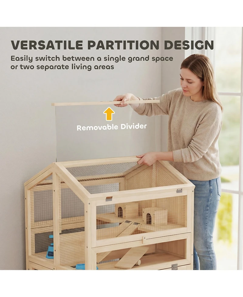 PawHut Wooden Hamster Cage 3 Tier with Pull-Out Tray, Hut, Seesaws, Ramps