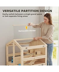 PawHut Wooden Hamster Cage 3 Tier with Pull-Out Tray, Hut, Seesaws, Ramps