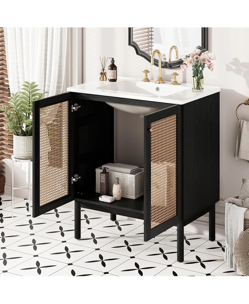 Sillysis Modern Bathroom Vanity with Ceramic Sink, Bamboo & Mdf, Soft Close Rattan Doors, Freestanding Storage Cabinet for Small Spaces