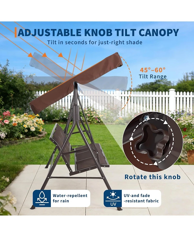 gaomon Porch Swing with Adjustable Canopy for Adults 3-Seat Outdoor Waterproof Textilene & Steel Frame Patio Swing Bench for Backyard Garden