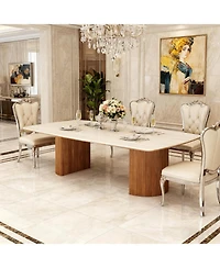 Tribesigns 78.74" Travertine Slab Dining Table for 8-10, Travertine Slab Tabletop & Semi-Circular Stripe Base