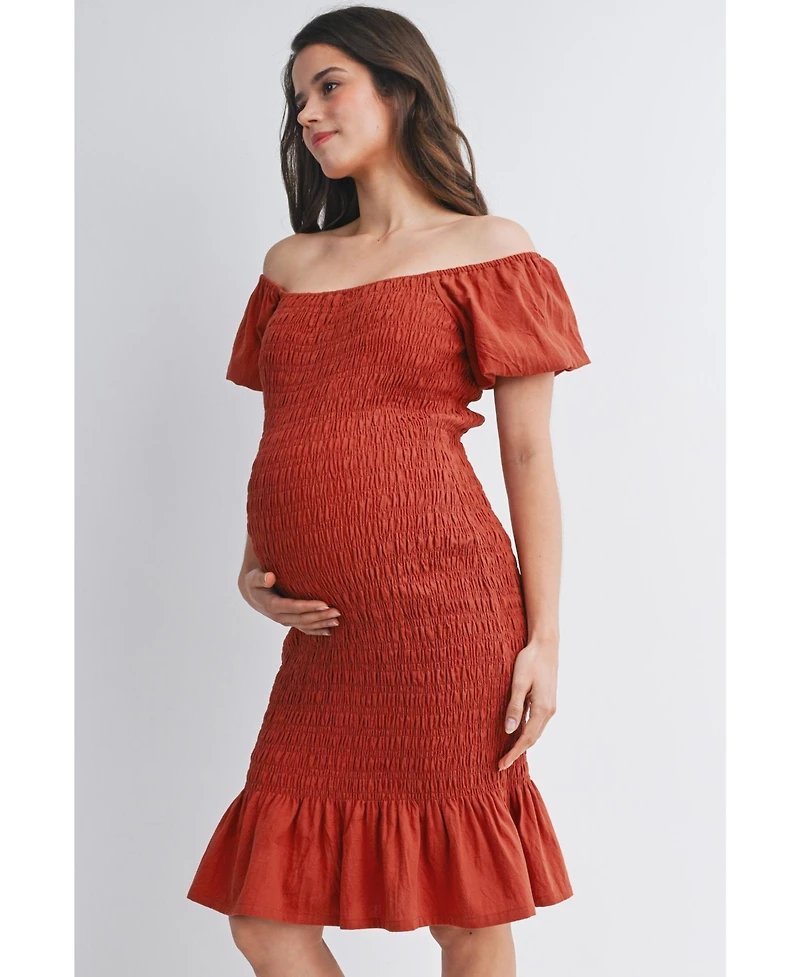 Hello Miz Maternity Off-the-Shoulder Smocked Bodycon Midi Dress with Ruffle Hem