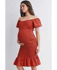 Hello Miz Maternity Off-the-Shoulder Smocked Bodycon Midi Dress with Ruffle Hem