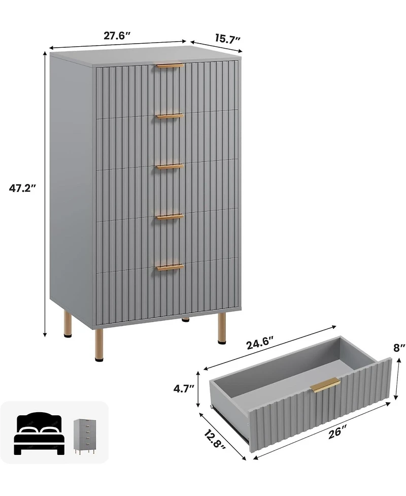 gaomon 5 Drawer Fluted Dresser with Gold Legs, Tall Wood Chest for Bedroom, Kids Room