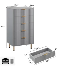 gaomon 5 Drawer Fluted Dresser with Gold Legs, Tall Wood Chest for Bedroom, Kids Room