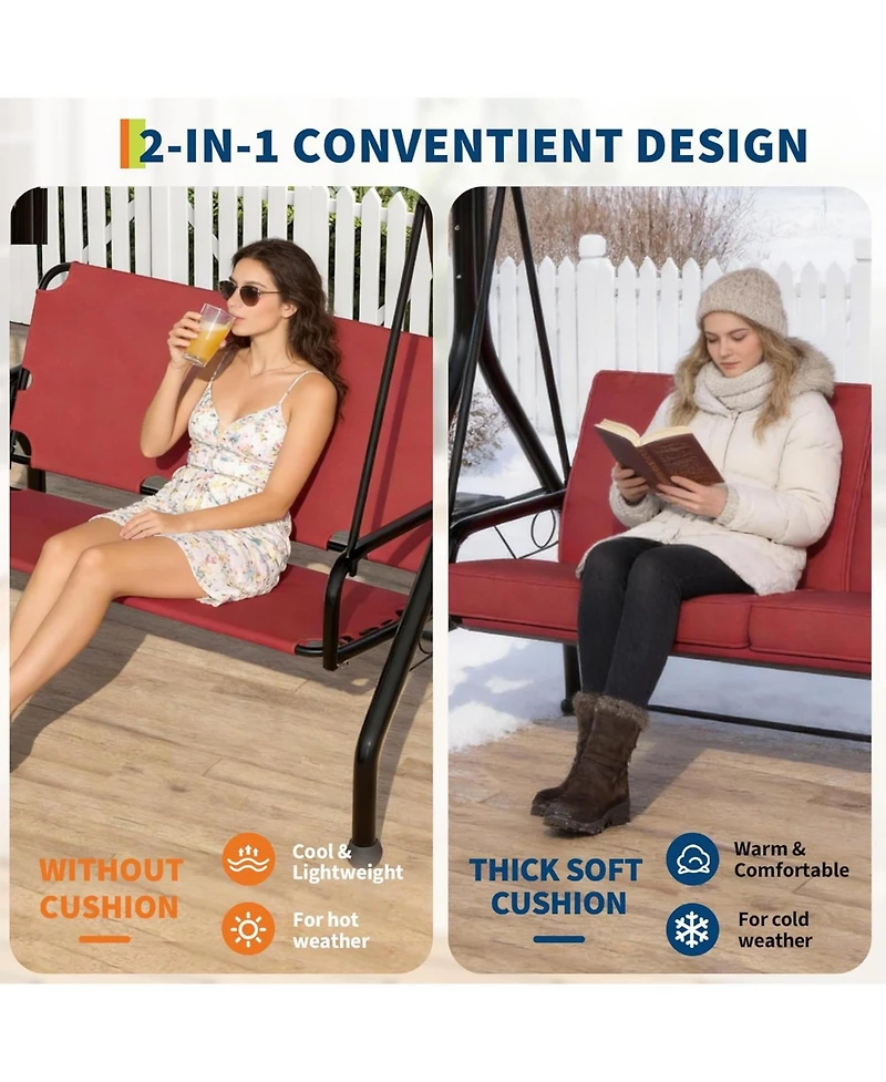 gaomon 3 Seat Outdoor Porch Swing, 2-in-1 Patio Swing Chair with Thickened Removable Cushions