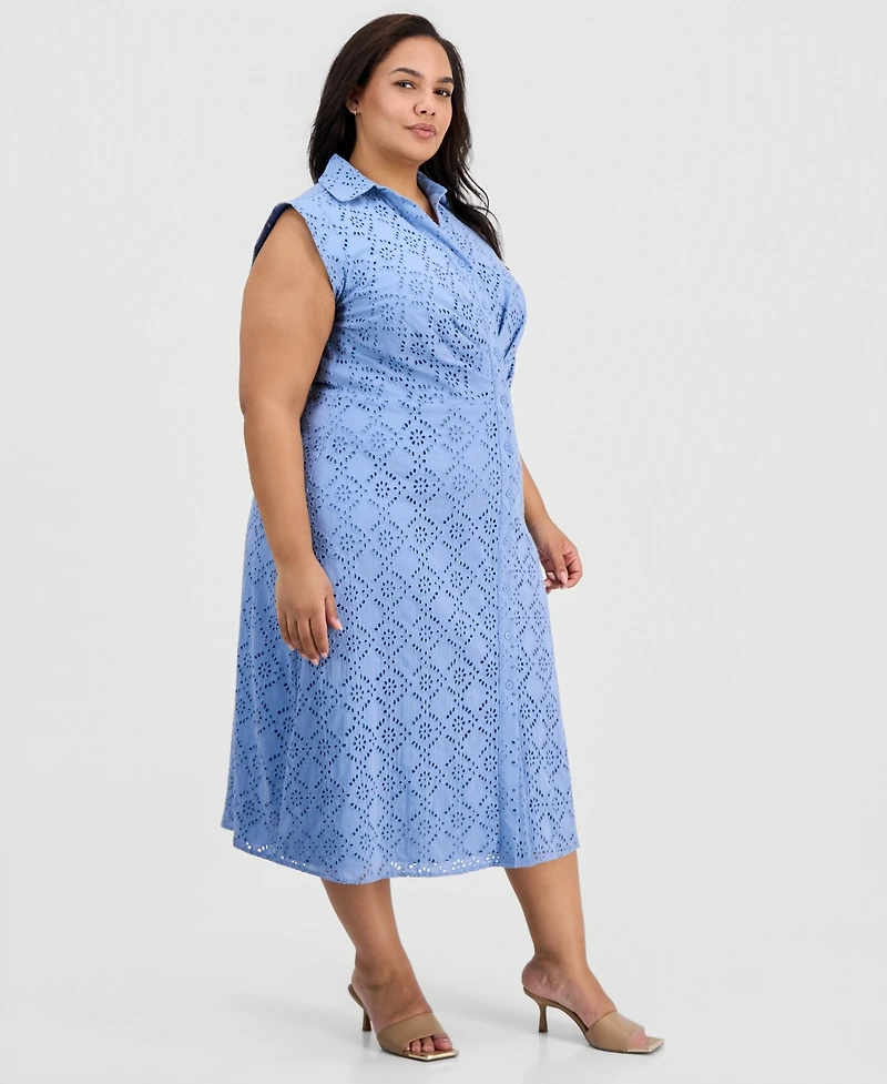 Anne Klein Plus Eyelet-Embroidered Sleeveless Shirtdress