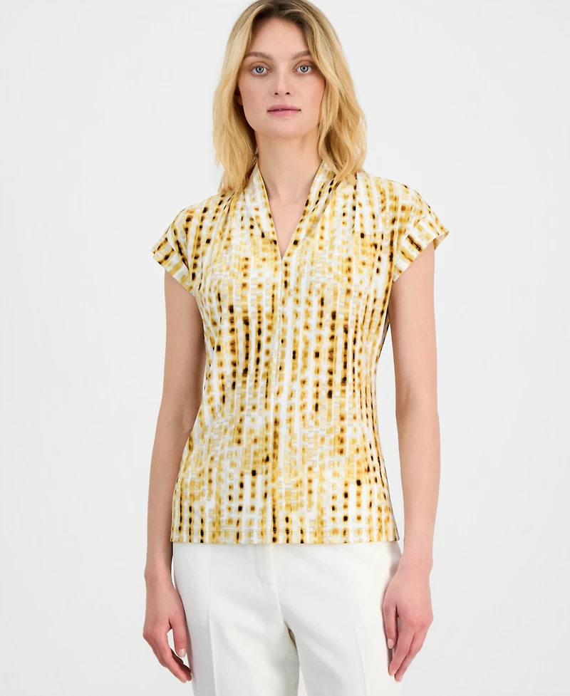 Kasper Women's Cap-Sleeve V-Neck Printed Jersey Top