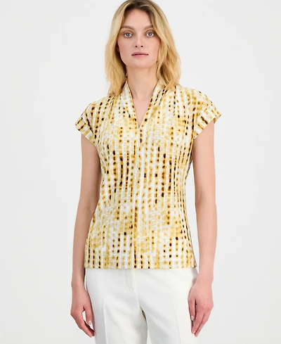 Kasper Women's Cap-Sleeve V-Neck Printed Jersey Top