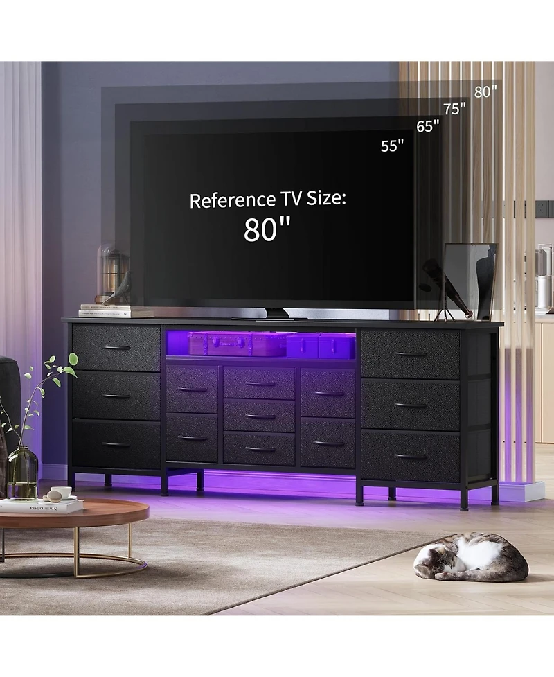 gaomon 70 Inch Long Dresser with 13 Drawers, Tv Stand for 65-80 Charging Station & Led Lights