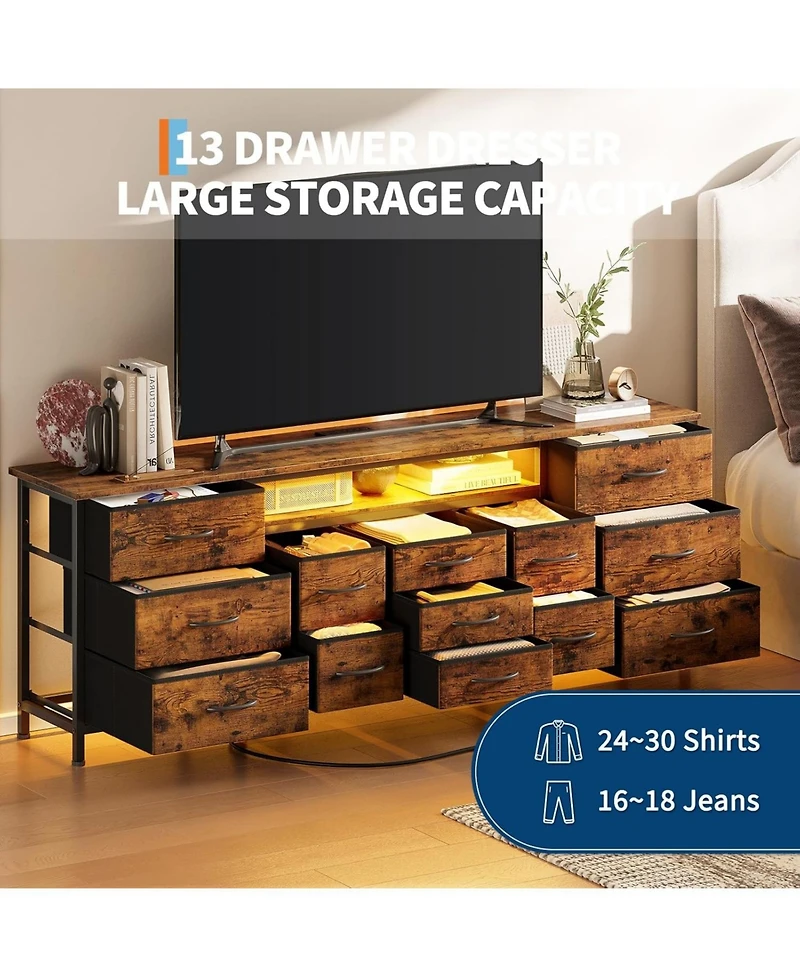 gaomon 70 Inch Long Dresser with 13 Drawers, Tv Stand for 65-80 Charging Station & Led Lights