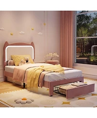gaomon Twin Size Bed Frame with Cat Headboard, Twin Platform Bed Frame with Grb Led Lights, Storage Drawer & Strong Wood Slats Support