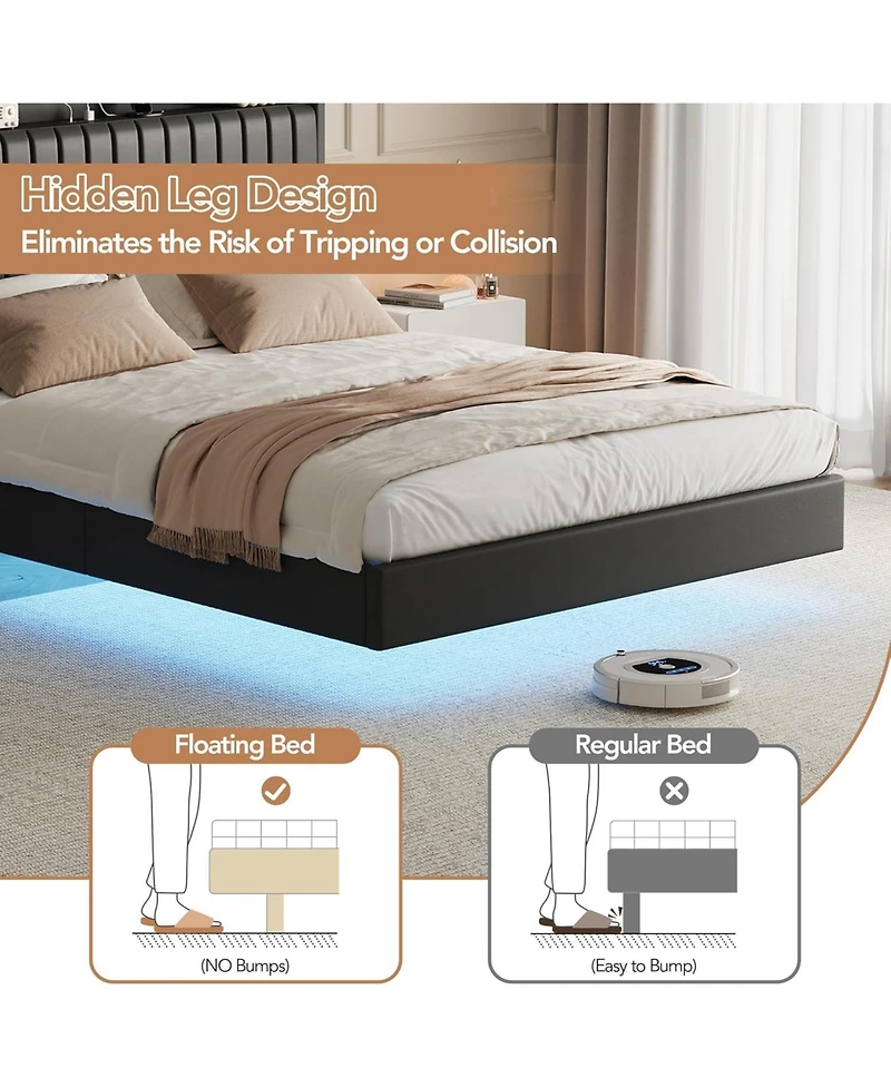 gaomon Floating Bed Frame with Rgb Led Lights & Charging Station, Upholstered Platform Bed Frame with Storage Headboard, No Box Spring Needed