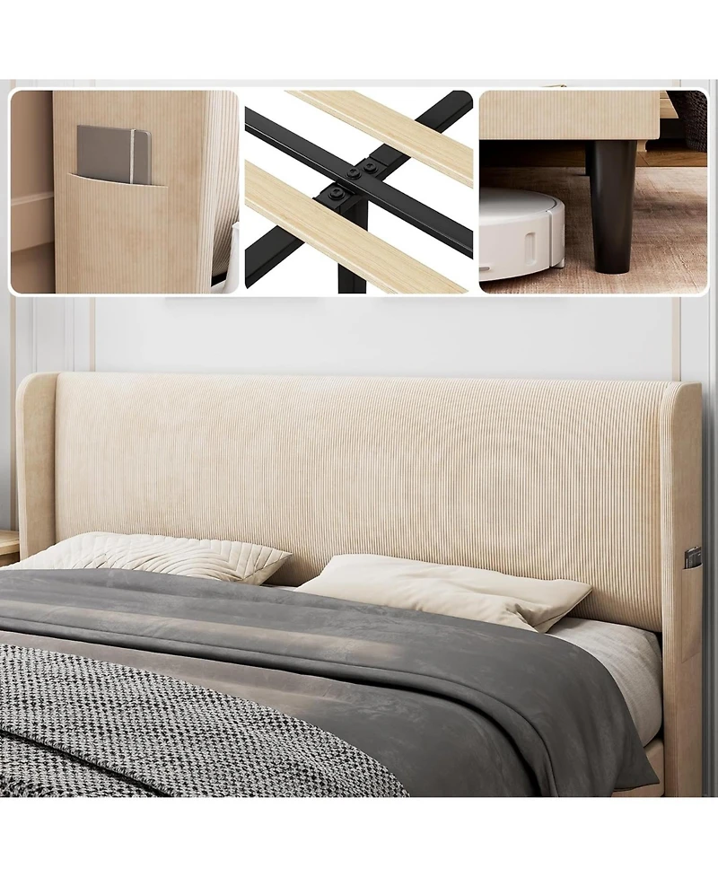 gaomon Bed Frame with Upholstered Headboard,Wooden Platform Bed Frame with 2 Storage Pockets,Vertical Channel Tufted Wingback,Strong Wooden Slats