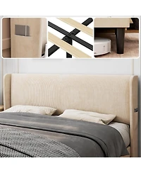 gaomon Bed Frame with Upholstered Headboard,Wooden Platform Bed Frame with 2 Storage Pockets,Vertical Channel Tufted Wingback,Strong Wooden Slats