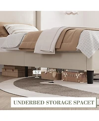 gaomon Bed Frame with Upholstered Headboard,Wooden Platform Bed Frame with 2 Storage Pockets,Vertical Channel Tufted Wingback,Strong Wooden Slats