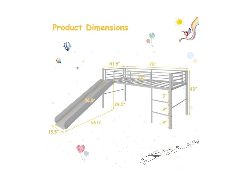 Twin Metal Loft Bed with Slide Safety Guardrails and Built-in Ladder