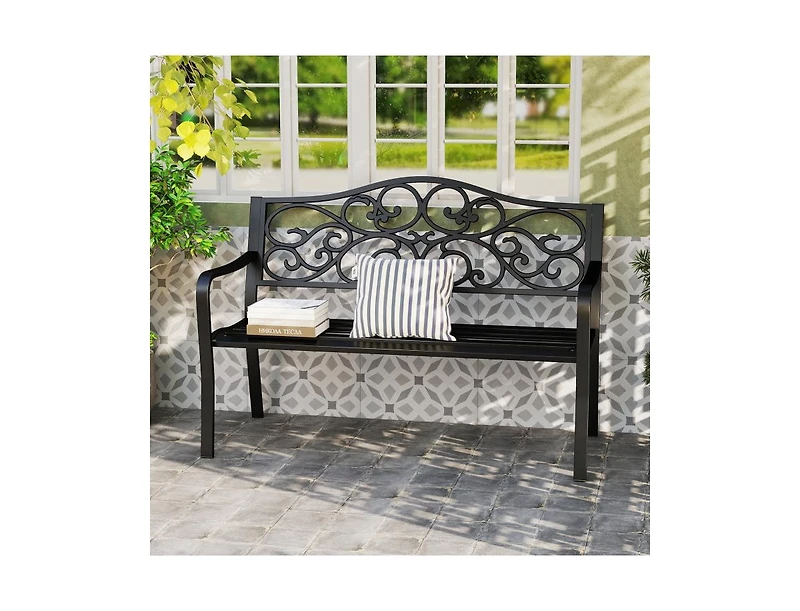 Slickblue Outdoor 50 Inch Patio Bench with Floral Design Back and Slats