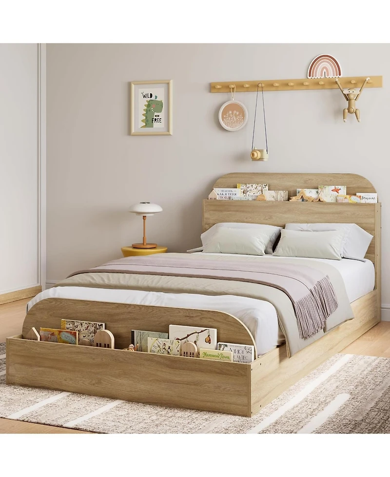 gaomon Bed Frame, Wooden Beds with Storage Headboard and Raised-Foodboard, Full-Floor Low Platform for Bedroom,Wooden Slats Support