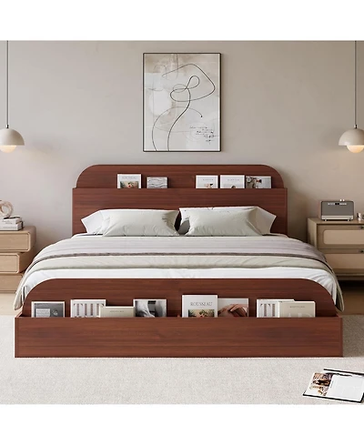 gaomon Bed Frame, Wooden Beds with Storage Headboard and Raised-Foodboard, Full-Floor Low Platform Bed for Bedroom,Wooden Slats Support