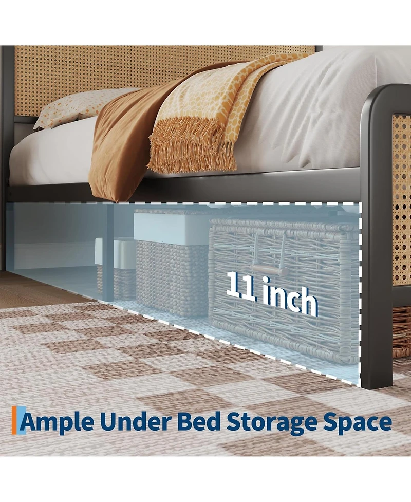 gaomon Rattan Platform Bed Frame with Led Light Headboard, Modern Style Cane Boho Frames Sturdy Steel Slat Support, Heavy