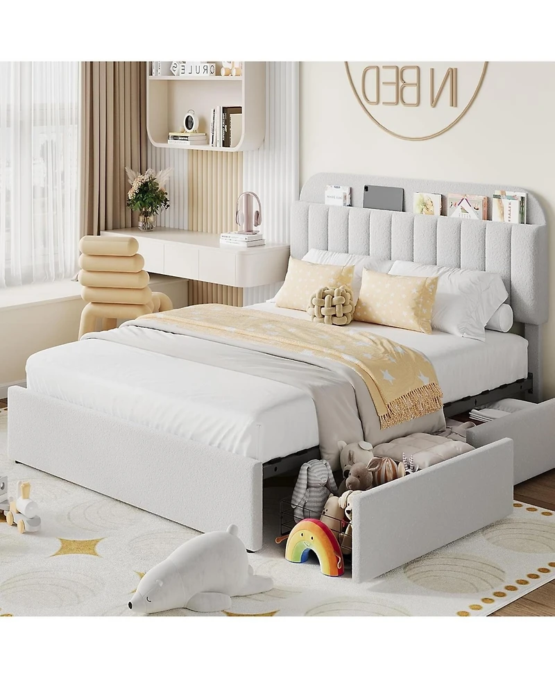gaomon Bed Frame Storage Headboard 2 Drawers Boucle Upholstered Platform Bookcase Sturdy Noise-Free No Box Spring