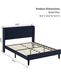 gaomon Queen Upholstered Platform Bed Wingback Headboard Velvet 2 Storage Pockets Wooden Slat Support Box Spring Optional