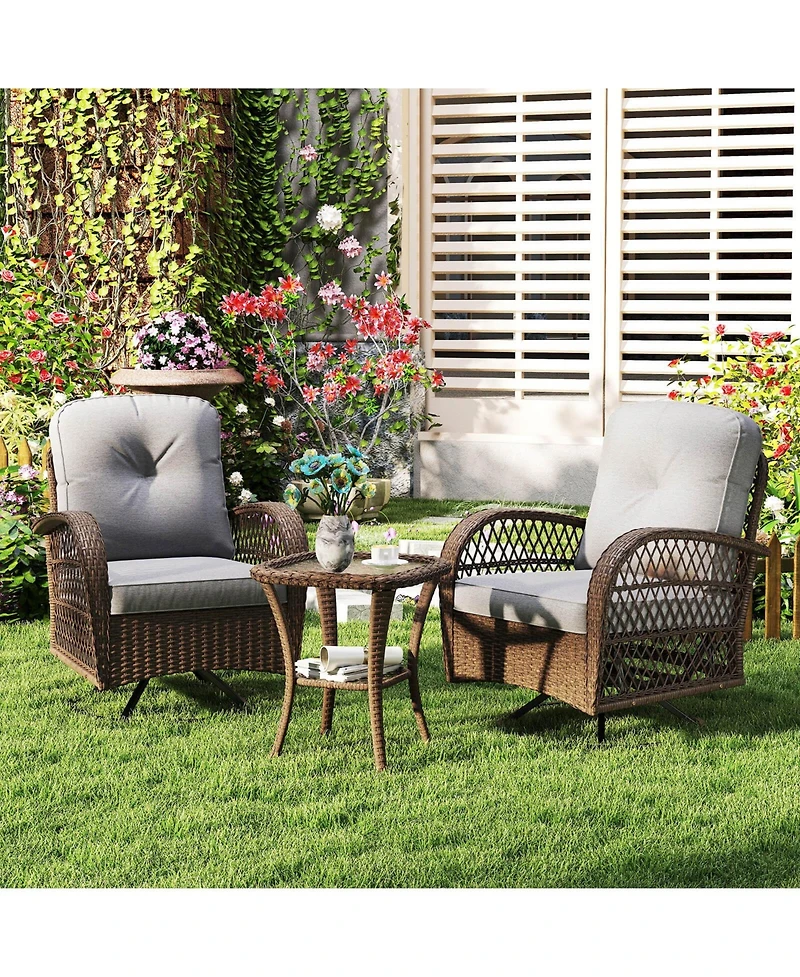 3 Pcs Patio Swivel Rocker Set Gliding Bistro Furniture Set with Tempered Glass Table