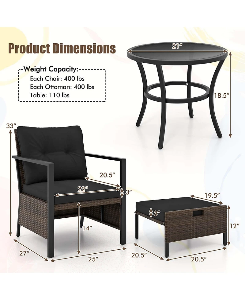 5 Pcs Outdoor Furniture Set Rattan Chairs & Ottomans with Glass Topped Coffee Table