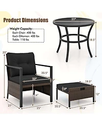 5 Pcs Outdoor Furniture Set Rattan Chairs & Ottomans with Glass Topped Coffee Table