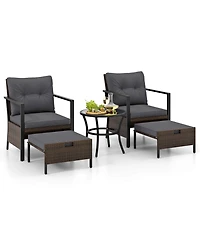5 Pcs Outdoor Furniture Set Rattan Chairs & Ottomans with Glass Topped Coffee Table