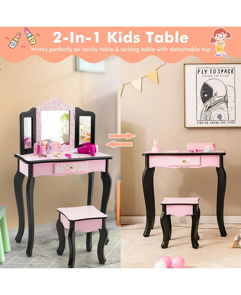 Costway Kid Vanity Set Wooden Makeup Table Stool Tri-Folding Mirror