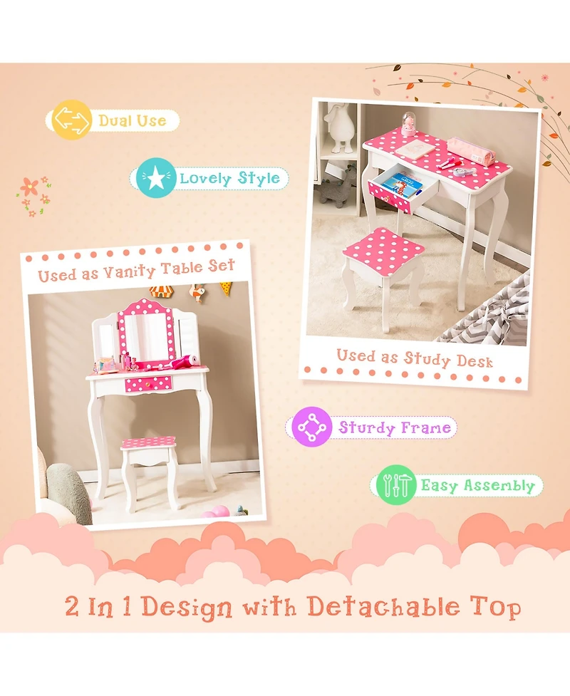 Costway Kid Vanity Set Wooden Makeup Table Stool Tri-Folding Mirror