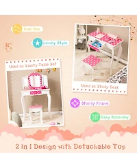 Costway Kid Vanity Set Wooden Makeup Table Stool Tri-Folding Mirror