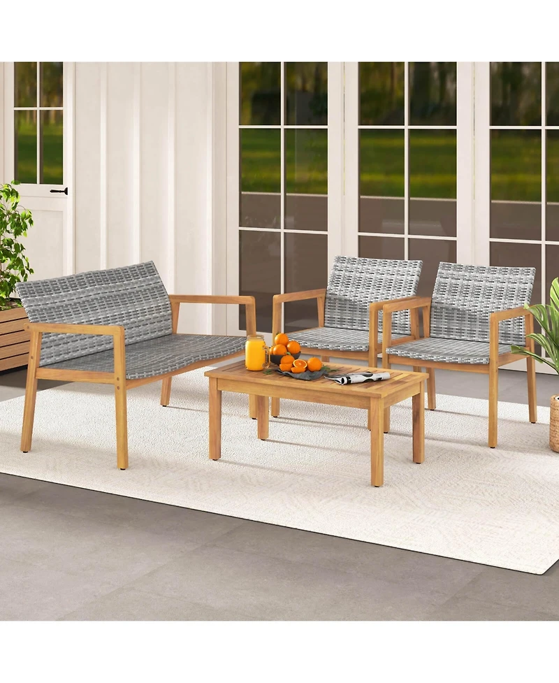 5 Pcs Outdoor Furniture Set Rattan Chairs & Ottomans with Glass Topped Coffee Table