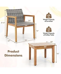 Costway 3 Pcs Outdoor Furniture Set, Acacia Wood Frame Sofa Set with Rattan Seat