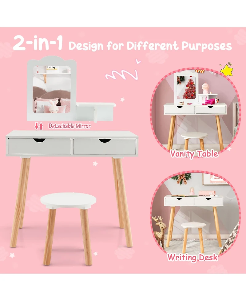 Costway Kid Vanity Table Chair Set with Mirror Large Storage Drawers Wooden Legs