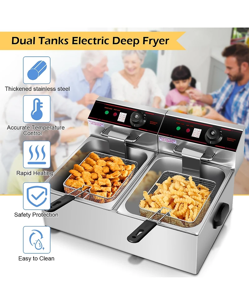 3400W Electric Countertop Deep Fryer Dual Tank Home Steel