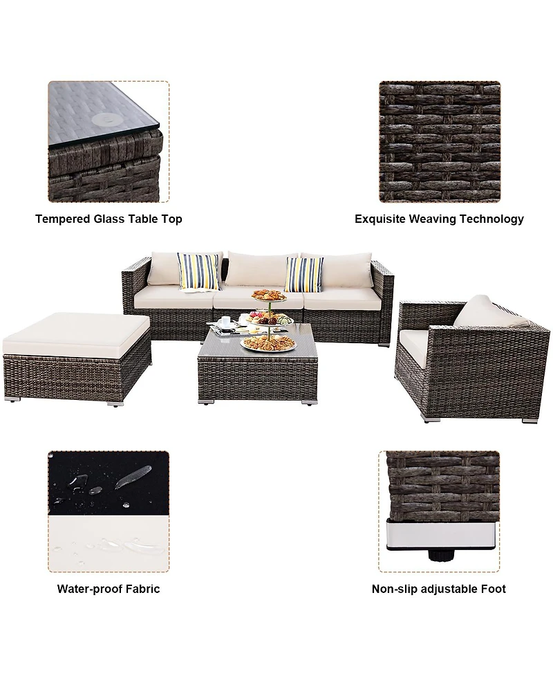 6PC Furniture Set Patio Sofa Pe Gray Rattan Couch 2 Set Cushion Covers