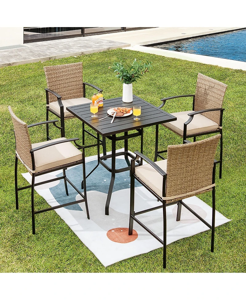 5PCS Outdoor Bistro Set Rattan Bar Stool Table Set with Cushions Steel Frame