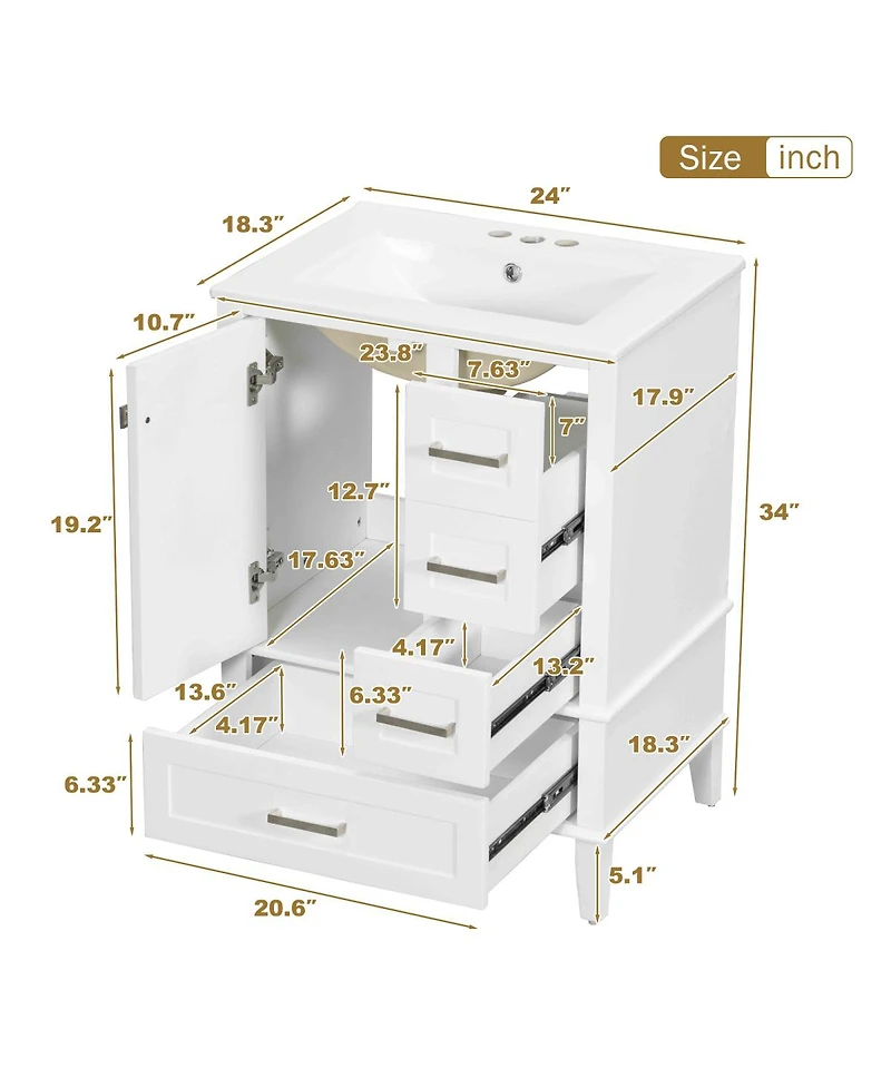 Sillysis 24.8" Bathroom Vanity with Ceramic Sink, Modern Freestanding Solid Wood Mdf Cabinet, 3 Drawers Soft Close Door for Small Spaces
