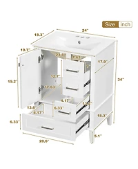 Sillysis 24.8" Bathroom Vanity with Ceramic Sink, Modern Freestanding Solid Wood Mdf Cabinet, 3 Drawers Soft Close Door for Small Spaces