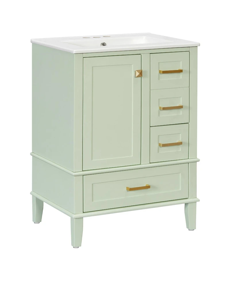 Sillysis 24.8" Bathroom Vanity with Ceramic Sink, Modern Freestanding Solid Wood Mdf Cabinet, 3 Drawers Soft Close Door for Small Spaces