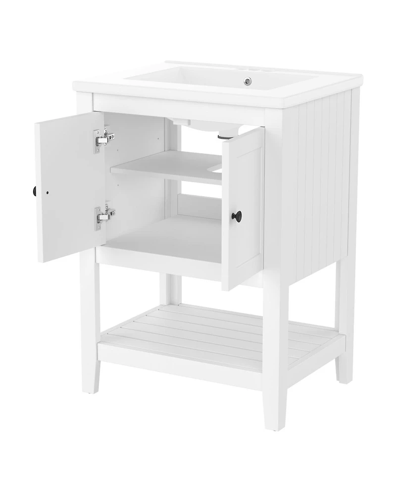 Sillysis 24" Bathroom Vanity with Ceramic Sink, Solid Wood Frame, Open Shelf Storage for Modern Small Spaces