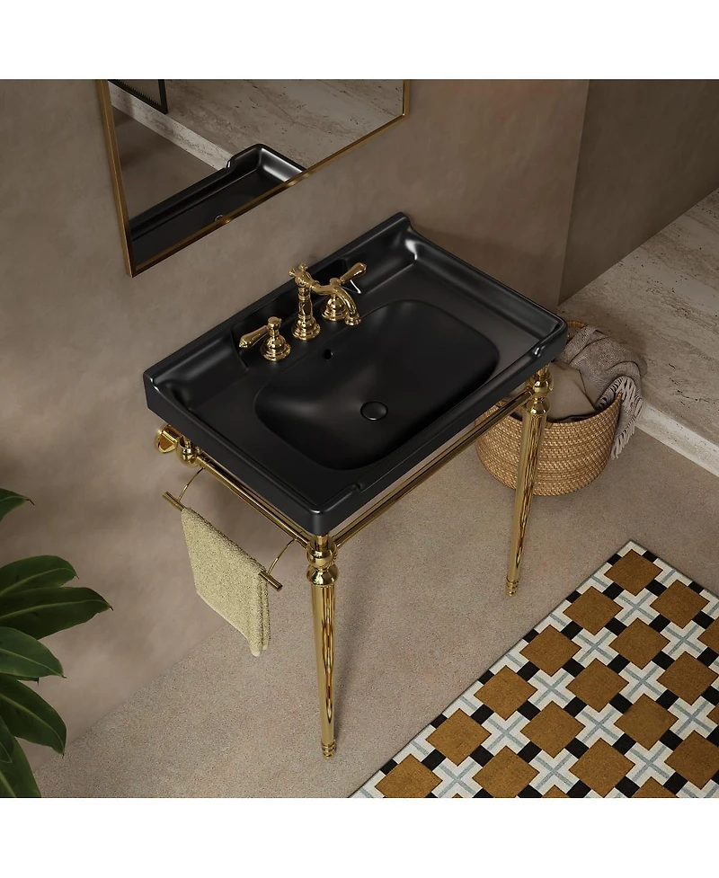 Sillysis Bathroom Console Sink with Ceramic Vanity, Wall Mounted Basin & Stainless Steel Legs, Towel Bar Included